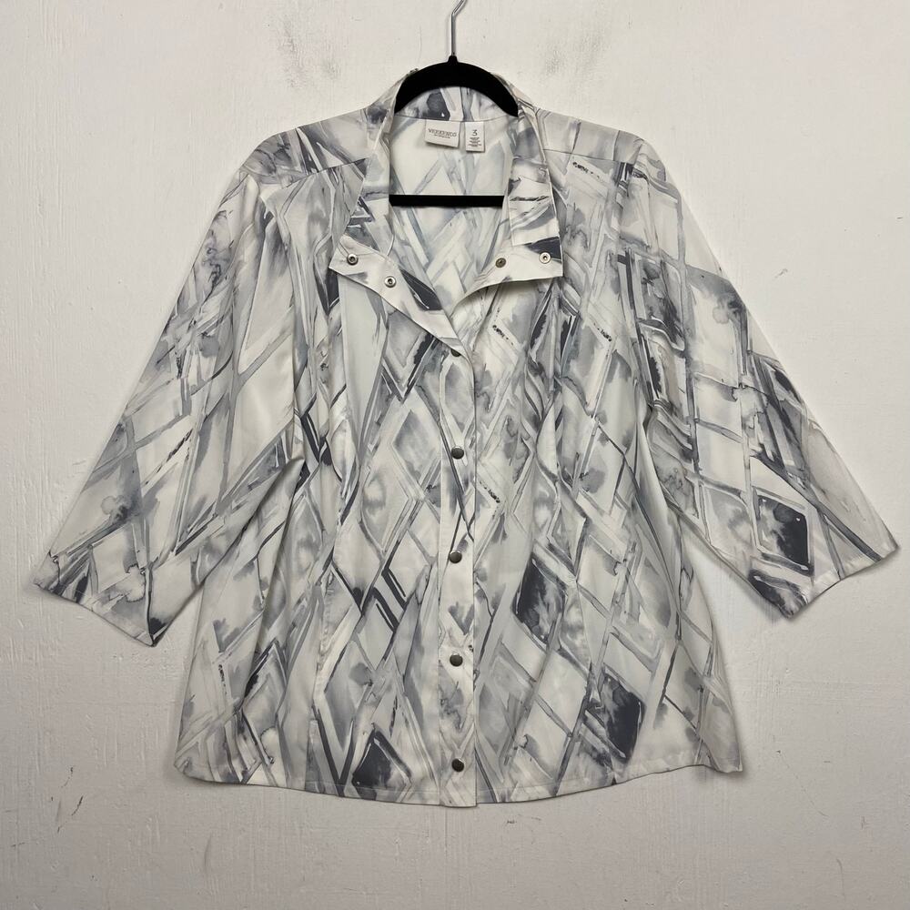 Chico’s Women's Gray White Snap Front Lightweight Jacket Top Size Extra Large